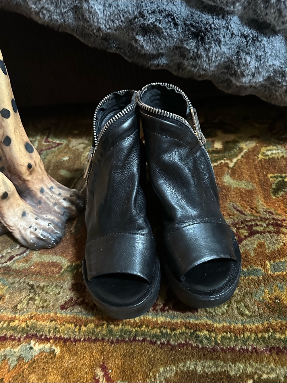 A.S.98 Black Leather Open-Toe Zip-Front Mules